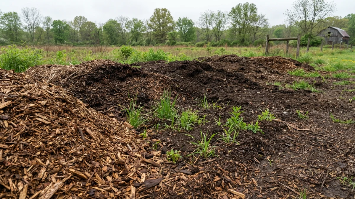 Forestry mulch at various stages of decomposition on a New Jersey property showing fresh brown chips transitioning to darker decomposed material with green grass growing through