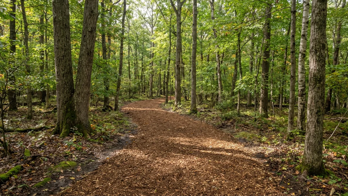 Freshly mulched ATV trail winding through a New Jersey woodland with brown mulch surface between standing trees and dappled canopy light