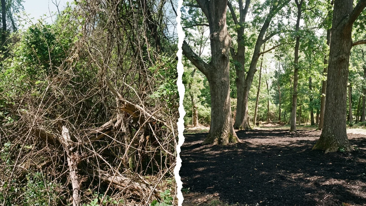 Dramatic split view of a New Jersey property showing dense overgrown brush on one side and clean mulched cleared ground with standing trees on the other
