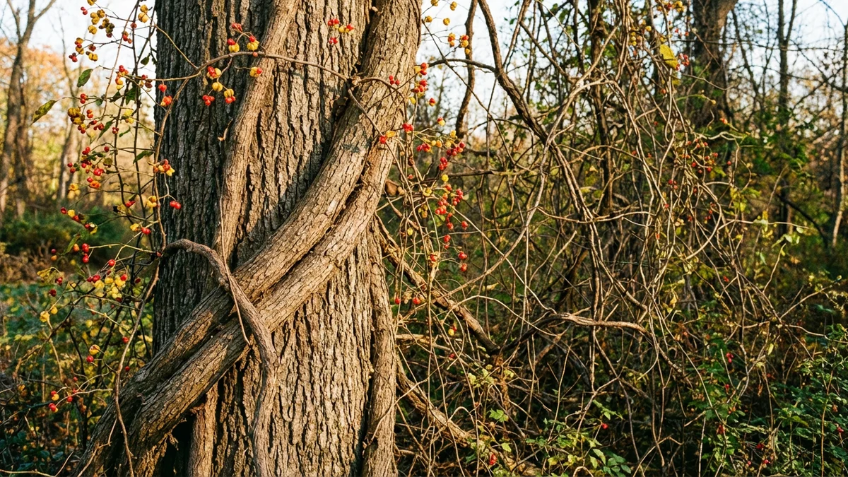Oriental bittersweet vine girdling a mature oak tree on a New Jersey estate property showing the thick woody vine wrapped tightly around the trunk