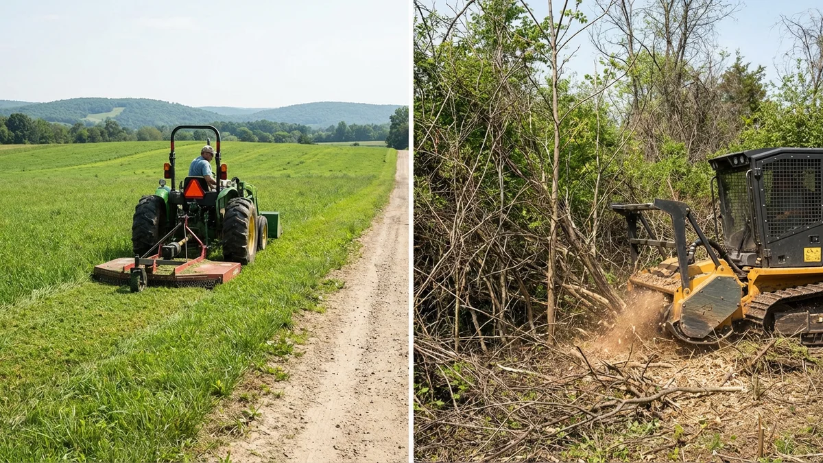 Side comparison showing a tractor-mounted brush hog on mowed grass field next to a tracked forestry mulcher grinding through dense woody brush on a New Jersey property