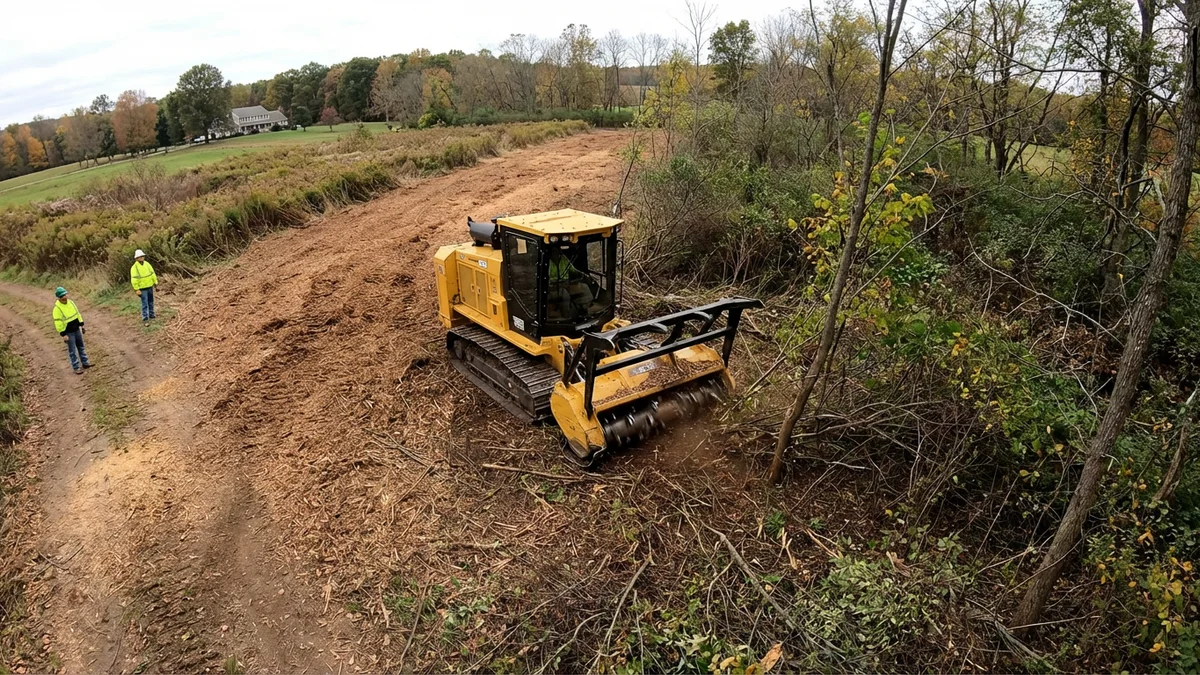 Forestry mulcher processing dense brush on a New Jersey property with the cleared mulched area extending behind the machine showing the production process