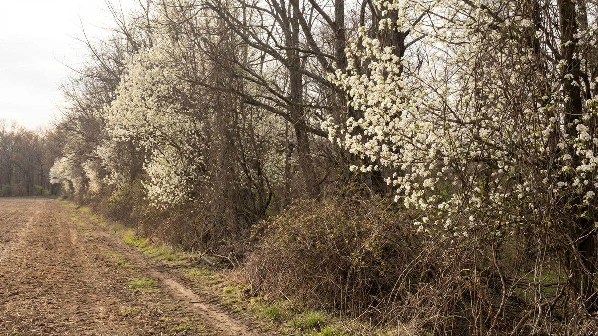 Invasive callery pear trees with white spring blooms colonizing the edge of a fallow field in New Jersey alongside native hardwoods