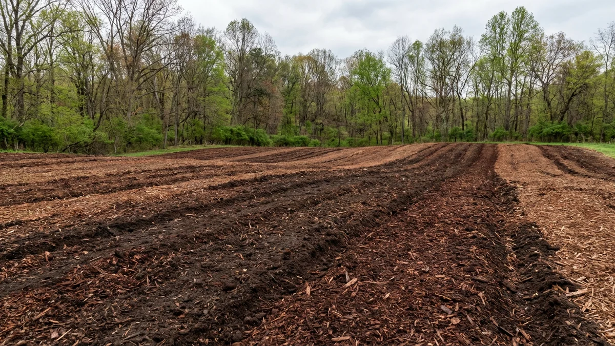 Recently cleared field on a small New Jersey farm showing brown forestry mulch decomposing into rich soil with a tree line in the background and rolling Hunterdon County terrain