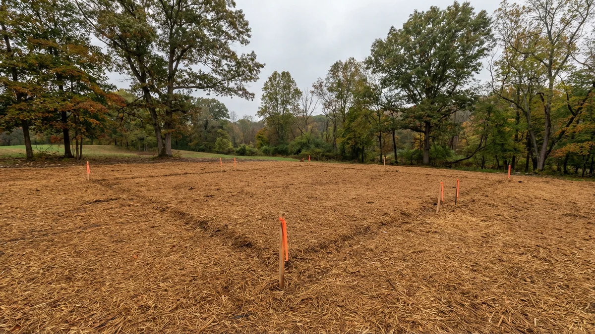 Freshly cleared residential building lot in Hunterdon County New Jersey with brown forestry mulch, survey stakes, and mature trees preserved around the perimeter