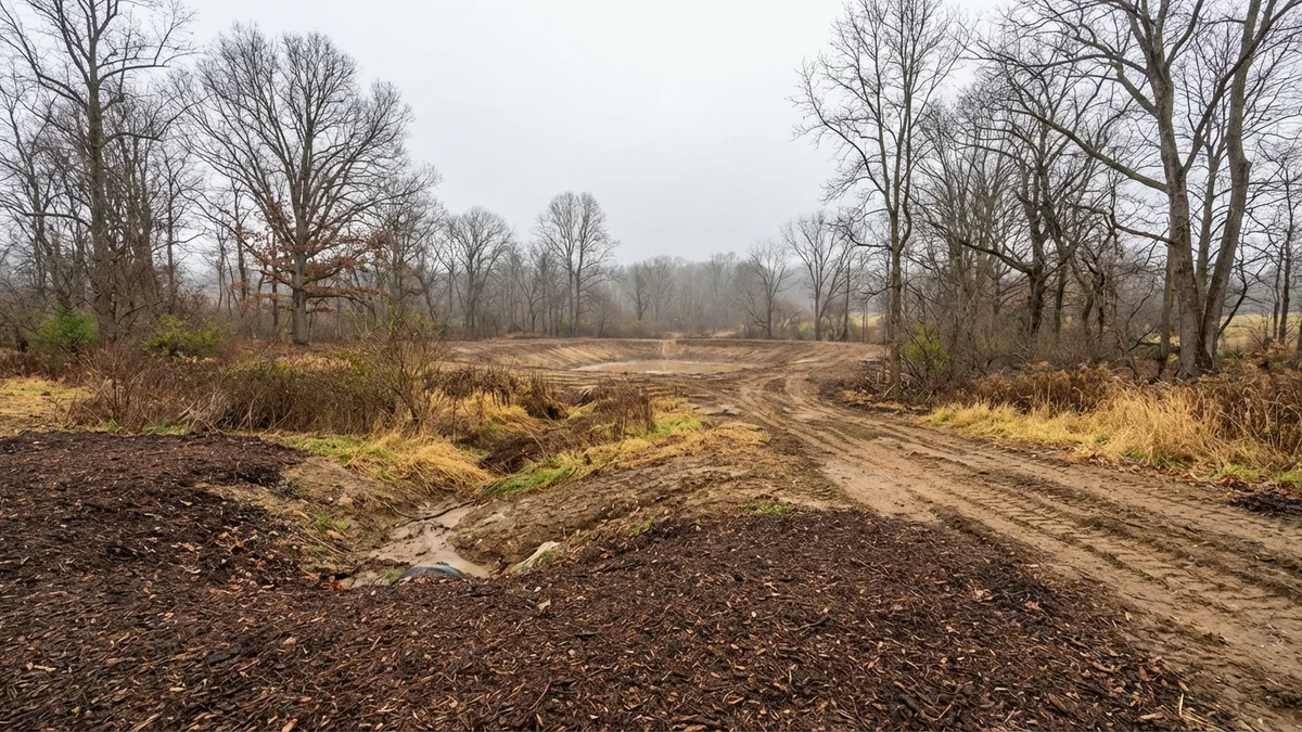 Cleared pond site on a rural Hunterdon County New Jersey property with mulched ground around a low drainage area and excavator access corridor through former brush