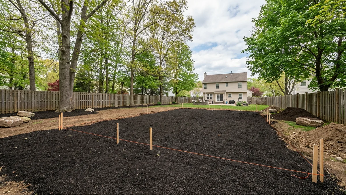 Cleared suburban backyard in New Jersey prepared for pool installation with fresh mulch, preserved mature trees along the fence line, and open space for excavation