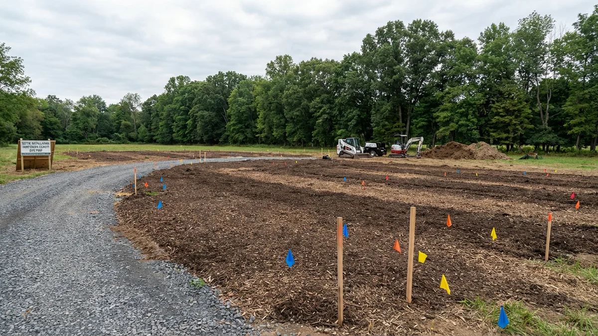 Cleared area on a rural New Jersey property prepared for septic system installation with forestry mulch covering the drain field zone and survey flags marking the layout