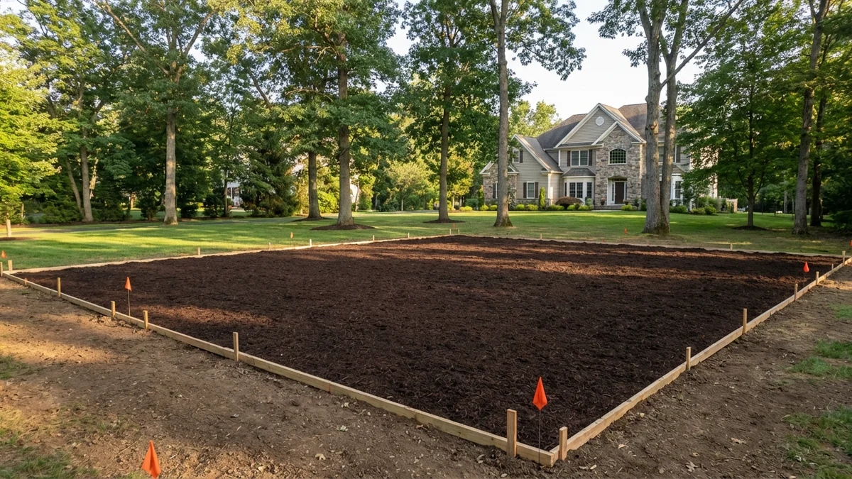 Cleared suburban backyard in New Jersey with mulched ground in the foreground transitioning to preserved mature shade trees, ready for patio and outdoor living installation