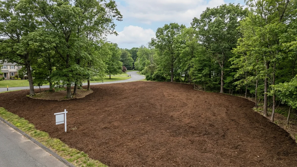 Recently cleared rural New Jersey property showing usable open land with fresh mulch, preserved mature trees, and a for sale sign at the road frontage