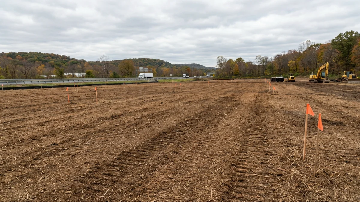 Large commercial lot cleared by forestry mulching near a New Jersey highway corridor with clean mulched ground and survey stakes marking the property boundaries