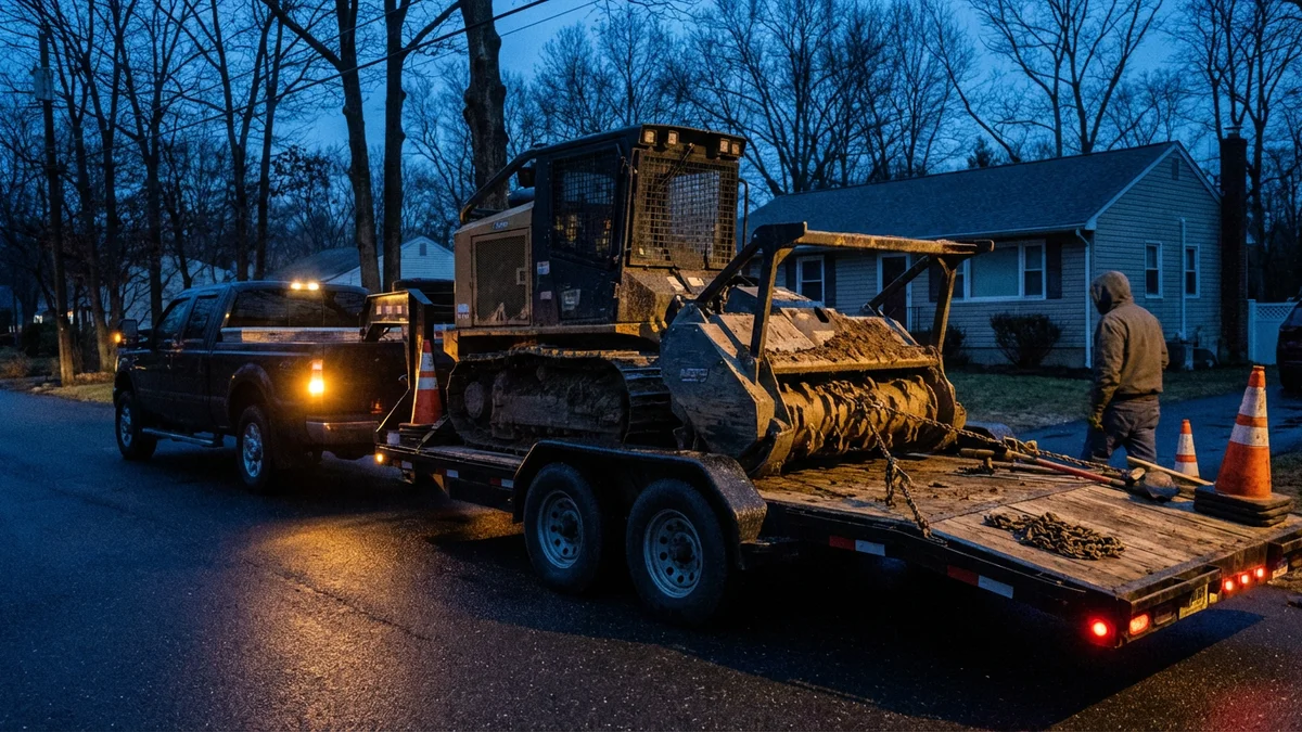 Early morning scene of a forestry mulcher loaded on a trailer in the pre-dawn light of a New Jersey driveway ready for transport to a job site