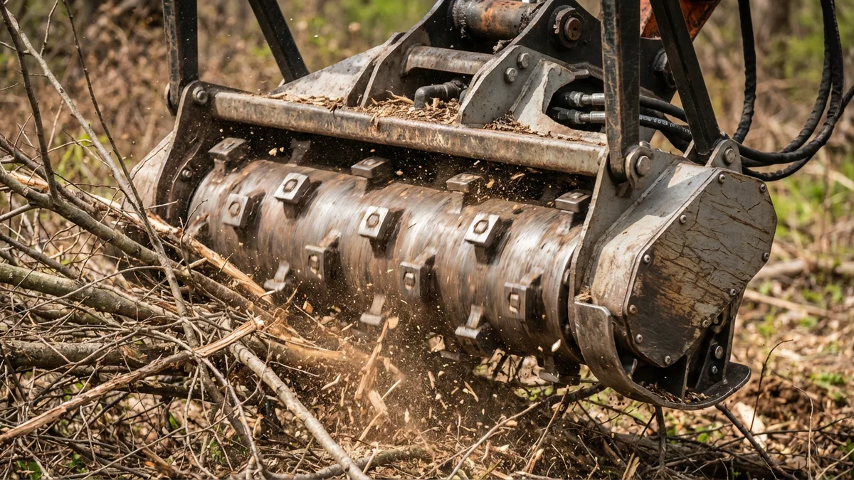 Close-up of a forestry mulcher cutting head with carbide-tipped teeth engaged in brush on a New Jersey property showing the grinding mechanism that processes vegetation into mulch