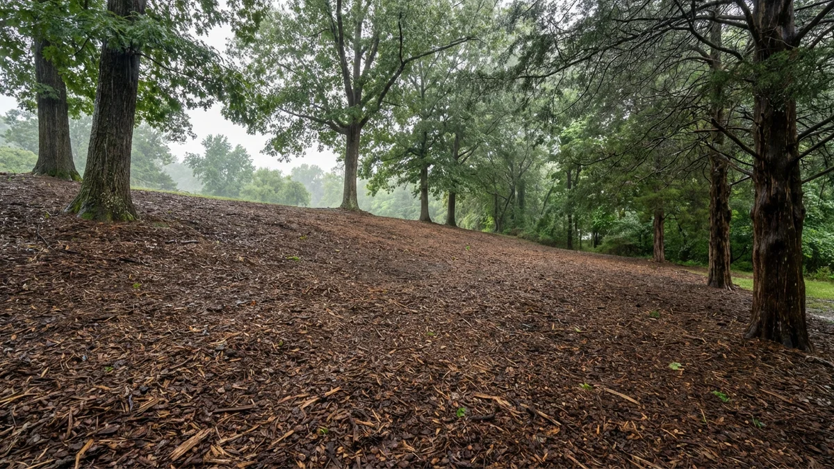 Hillside in New Jersey after forestry mulching showing intact mulch layer preventing erosion on a moderate slope with standing trees and undisturbed soil beneath the mulch