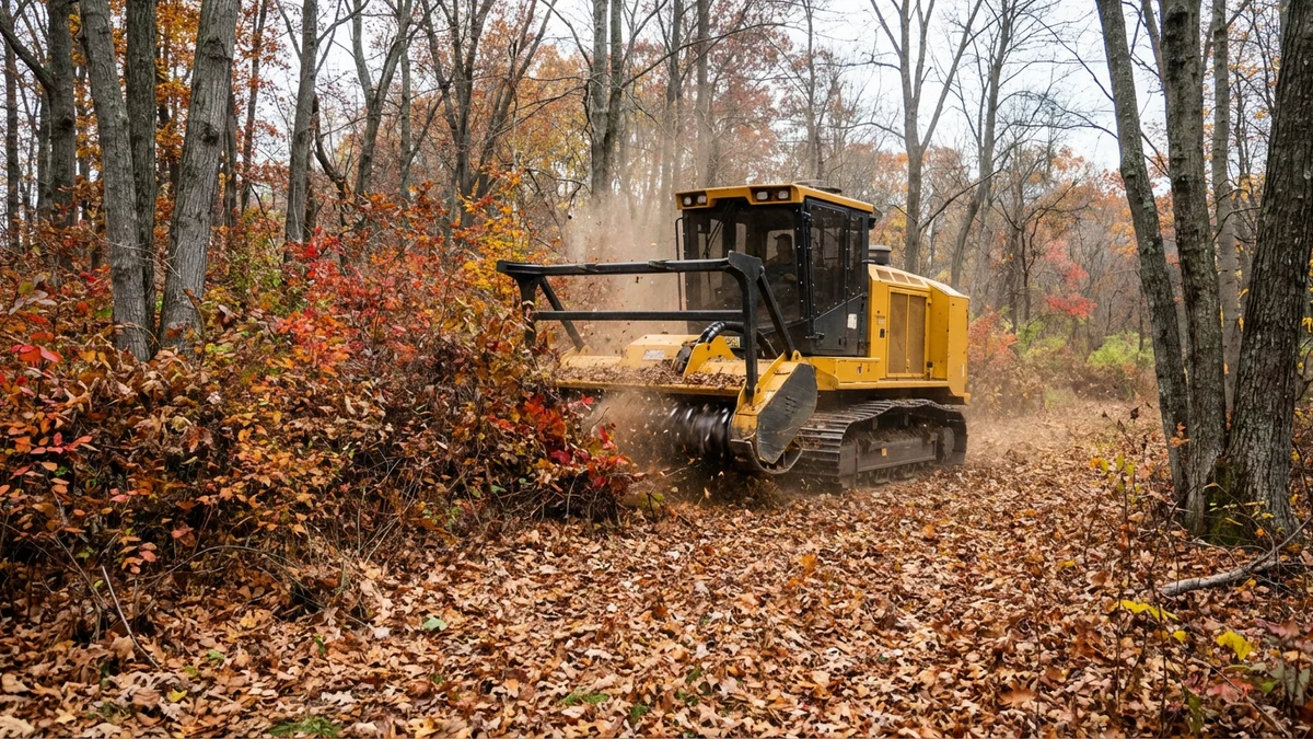 Forestry mulcher clearing autumn-colored brush on a New Jersey property with fallen leaves on the ground and partially bare trees showing the leaf-off visibility advantage