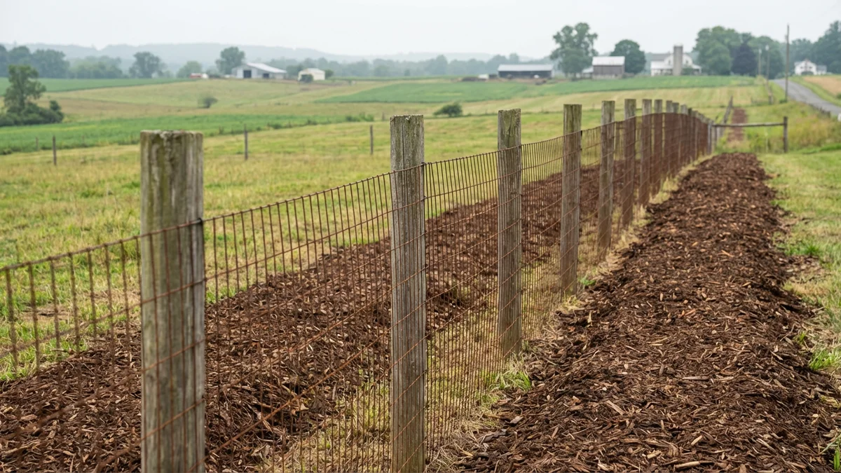 Recently cleared fence row on a New Jersey farm property showing exposed wooden posts and wire fencing with brown mulch on both sides and open pasture beyond