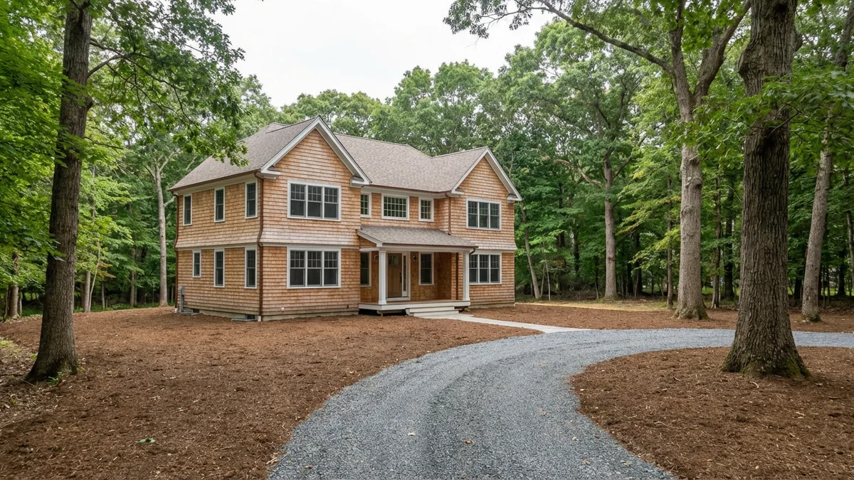 Cleared defensible space zone around a New Jersey home showing mulched ground extending from the house to the tree line with managed spacing between remaining trees