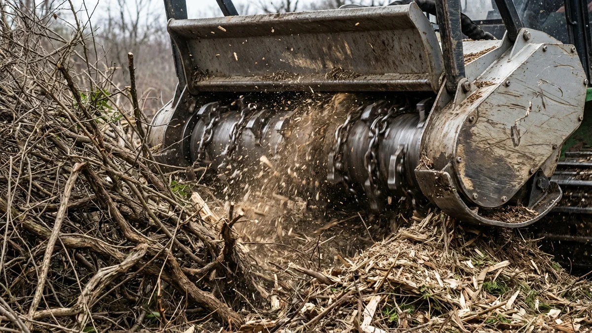 Close view of a forestry mulcher cutting head engaged in dense New Jersey brush showing the production process that determines clearing costs