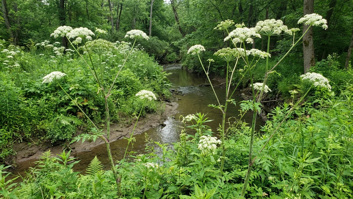 Tall poison hemlock plants growing along a New Jersey stream corridor showing the distinctive purple-blotched stems and white umbrella-shaped flower clusters