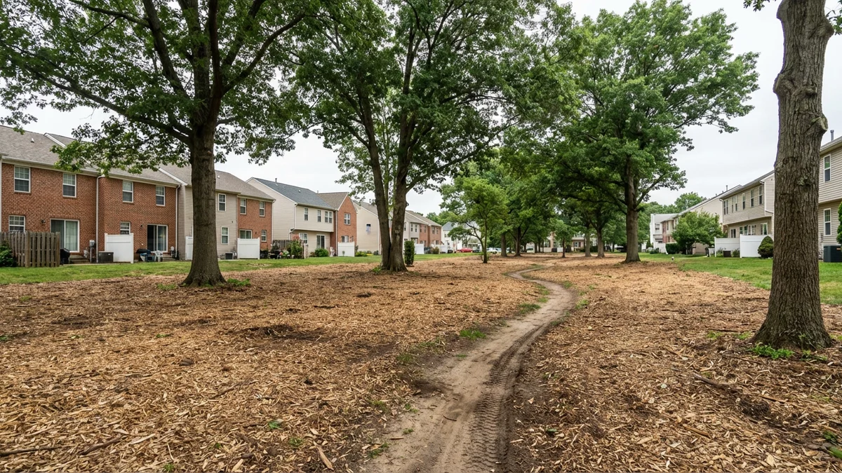 Cleared wooded buffer zone between townhouse sections in a New Jersey planned community showing mulched ground with preserved canopy trees and a walking trail