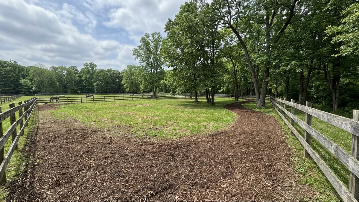 Cleared horse pasture in New Jersey with fresh mulch transitioning to green grass, three-board fencing, and a riding trail leading into managed woodland