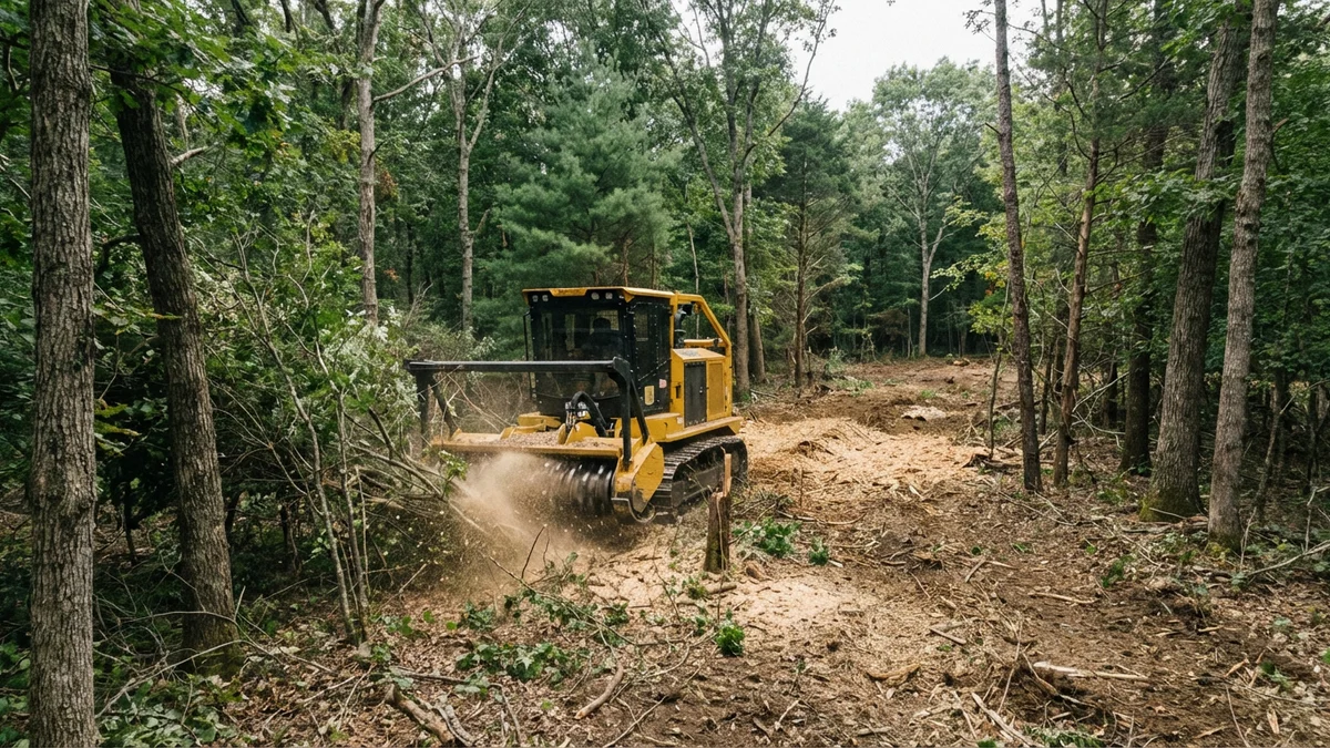 Wooded New Jersey lot mid-clearing showing a forestry mulcher working through dense trees and brush with the cleared mulched area visible behind the machine