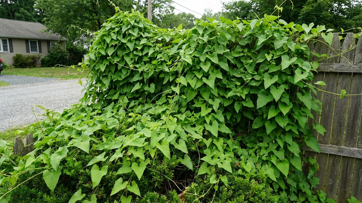 Mile-a-minute vine blanketing a fence and low shrubs on a New Jersey property showing the distinctive triangular leaves and rapid smothering growth pattern