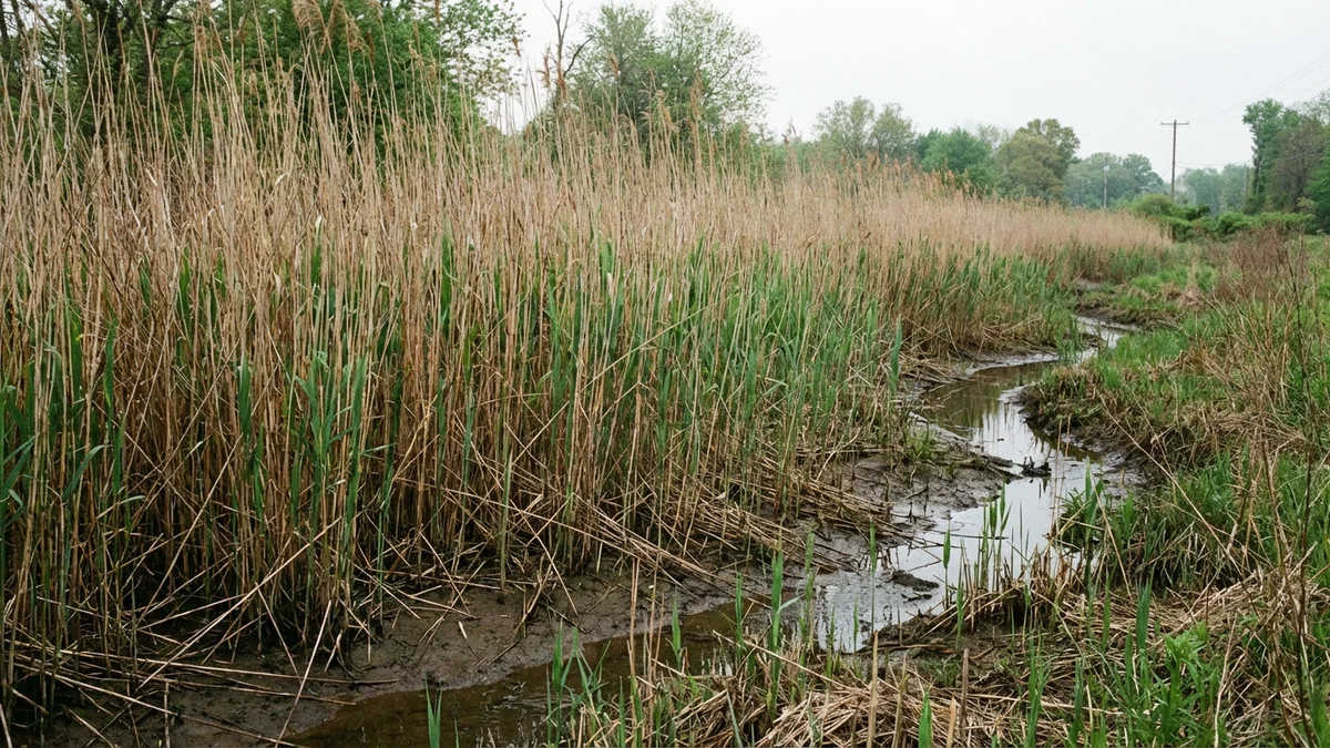 Tall stand of non-native phragmites reeds along a drainage channel on a New Jersey property with the dense brown dead stalks from the previous season mixed with new green growth