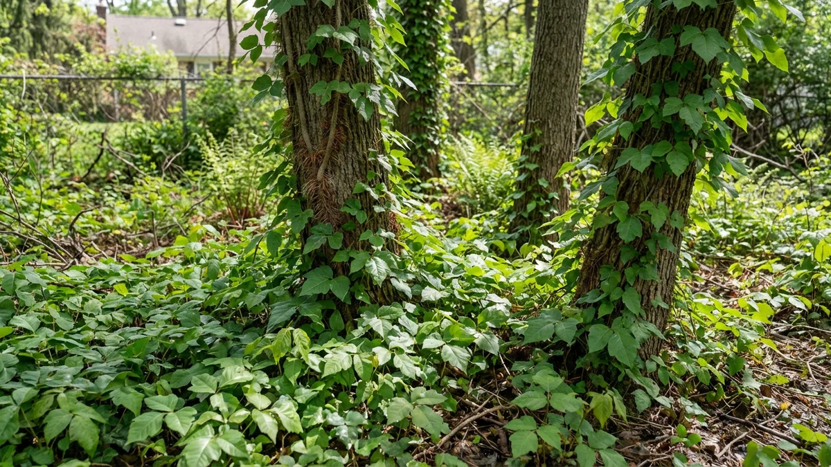 Dense poison ivy ground cover and climbing vines on a wooded New Jersey property showing the three-leaf pattern and hairy aerial rootlets on tree trunks