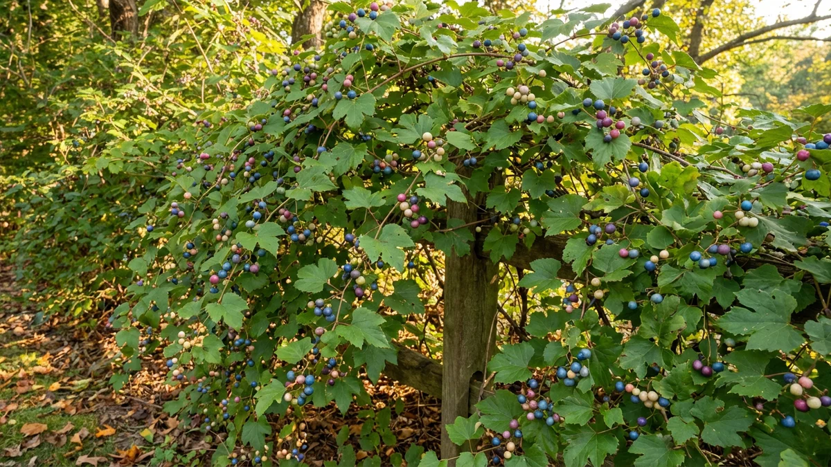 Porcelainberry vine with distinctive multicolored berries in shades of blue purple and pink draped over shrubs on a New Jersey property edge