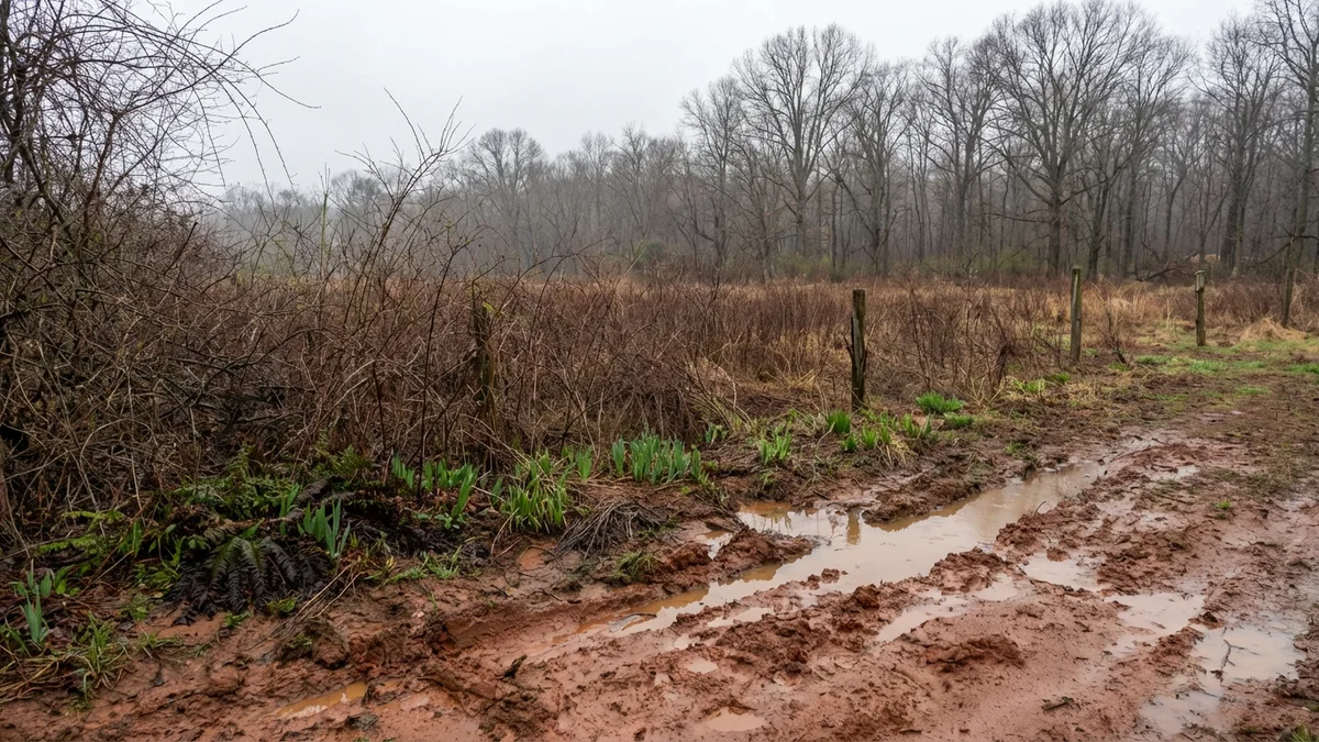 New Jersey property in early spring with muddy patches and emerging green growth showing the challenging wet ground conditions that affect land clearing timing