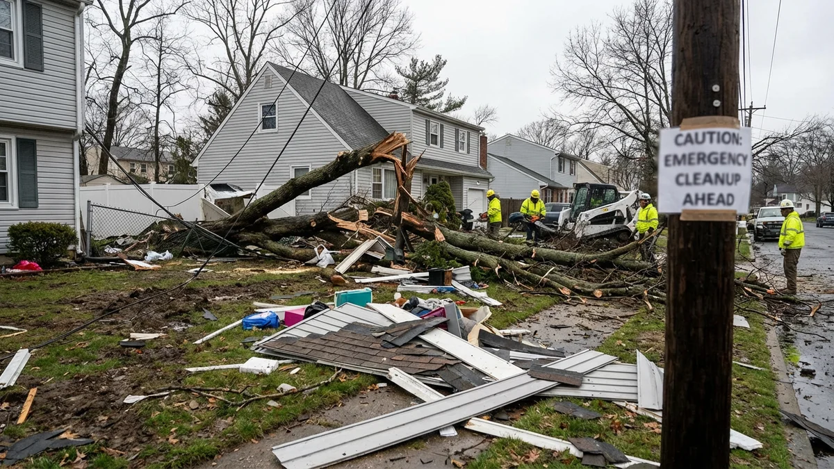 Storm-damaged New Jersey property with fallen trees and broken branches scattered across a residential lot requiring emergency clearing