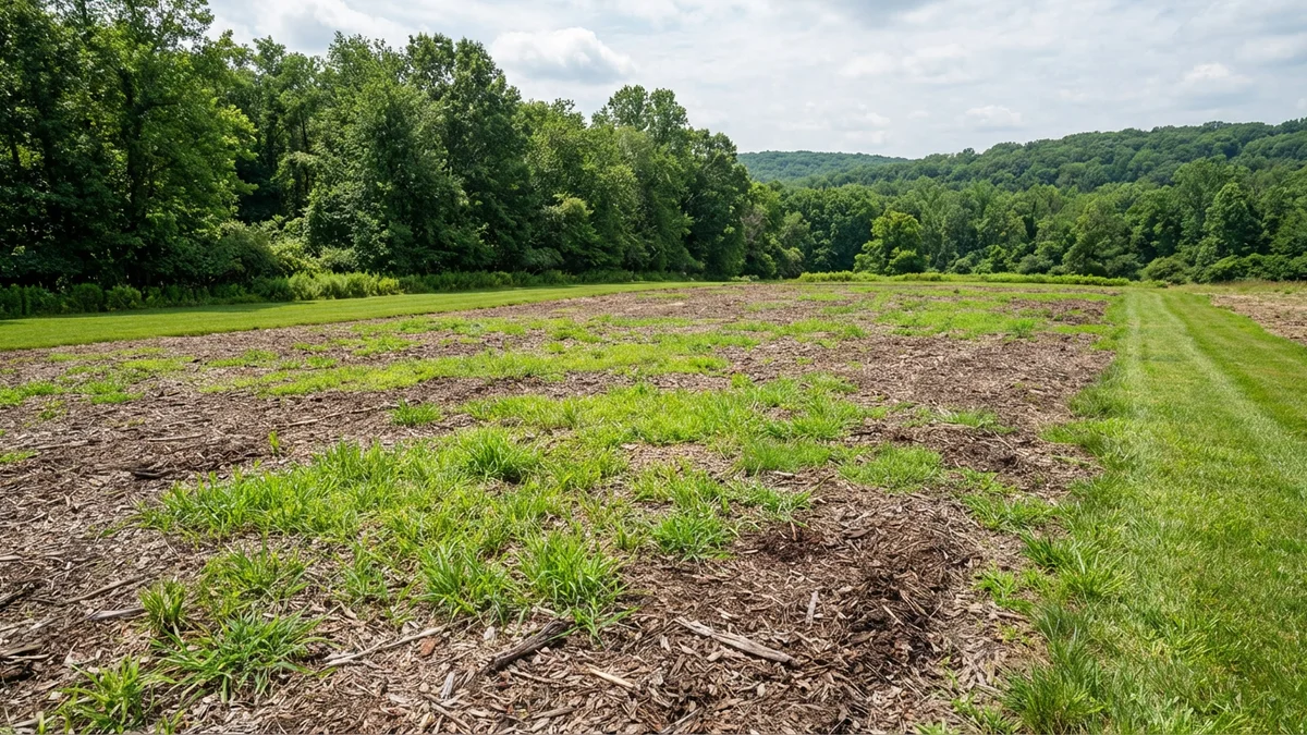 Maintained cleared property in New Jersey during summer showing green grass establishing through decomposing mulch with a mowed perimeter and healthy managed appearance