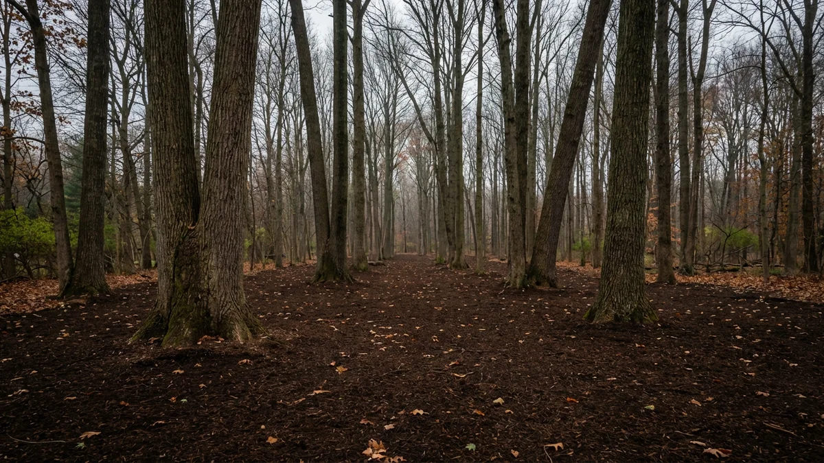 Cleared forest understory in New Jersey with open sight lines between mature hardwood trunks and a clean mulch floor replacing the dense barberry that harbored ticks