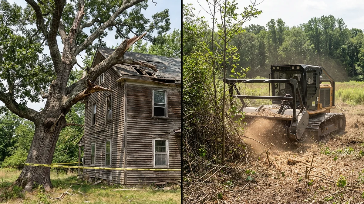 Split scene showing a large mature tree requiring arborist removal on the left and dense brush being processed by a forestry mulcher on the right