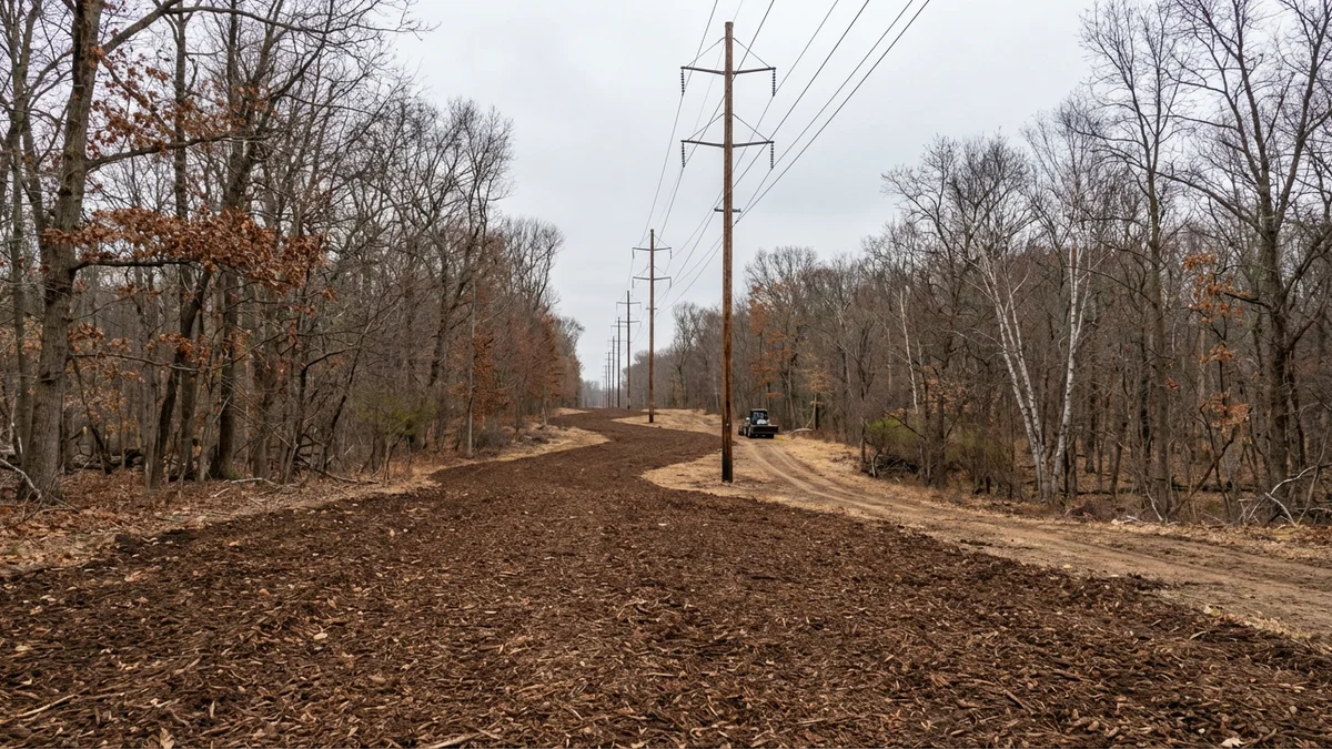 Cleared utility easement corridor through wooded New Jersey property showing a wide mulched path with maintained clearance beneath overhead power lines