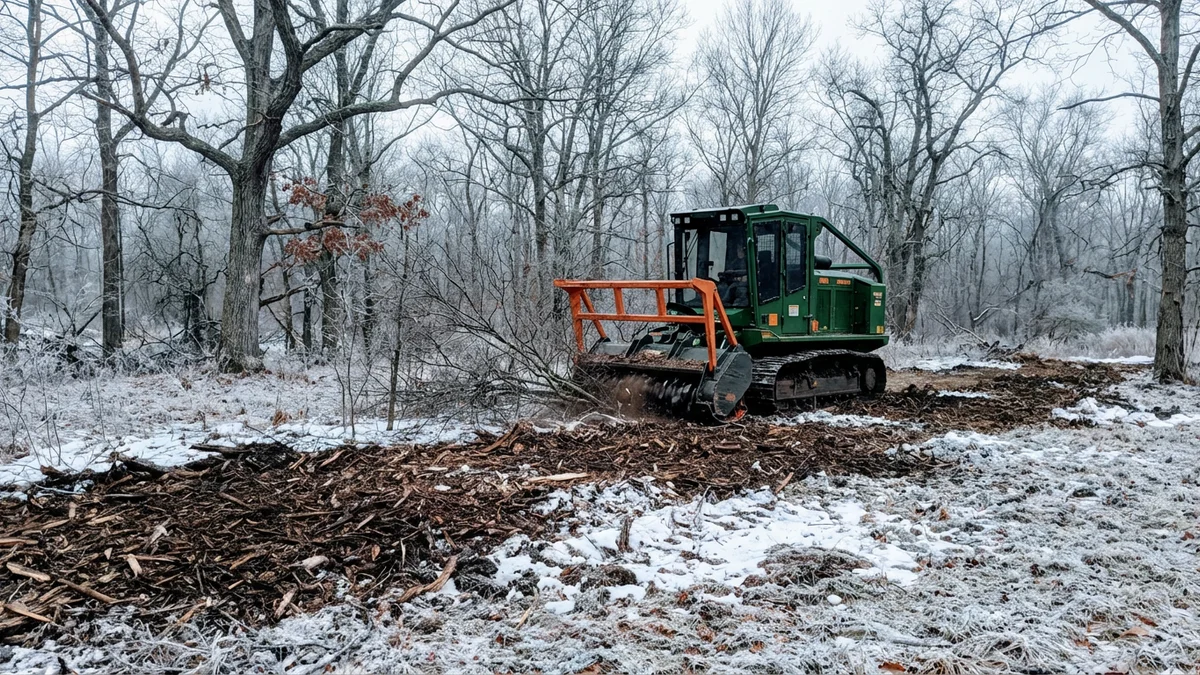 Forestry mulcher operating on frozen ground in winter on a New Jersey property with bare hardwood trees and a fresh mulch layer visible on the cold firm surface