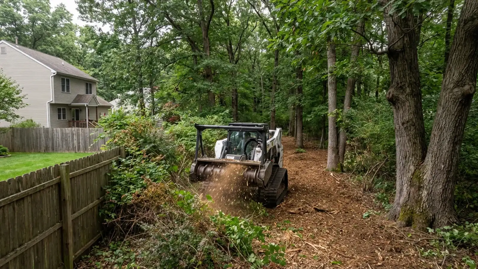 Compact tracked forestry mulcher clearing Japanese barberry and multiflora rose understory in a suburban Bridgewater backyard beneath mature hardwood canopy