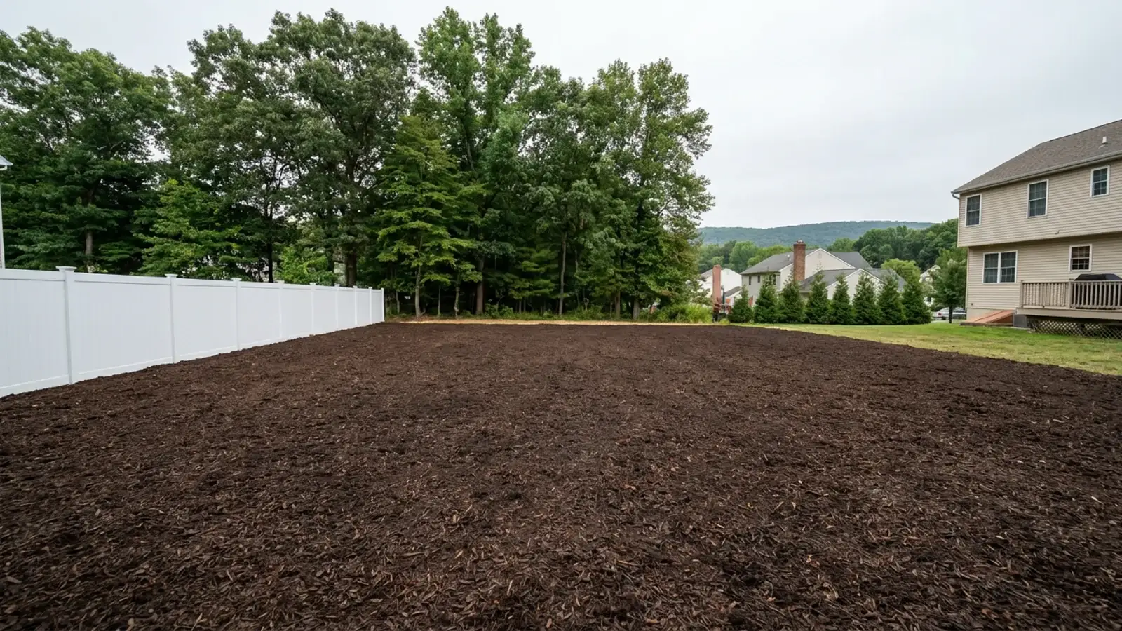 Cleared suburban backyard lot in Bridgewater, Somerset County with fresh brown mulch and preserved tree line of mature oak and beech with Watchung ridge visible in the background