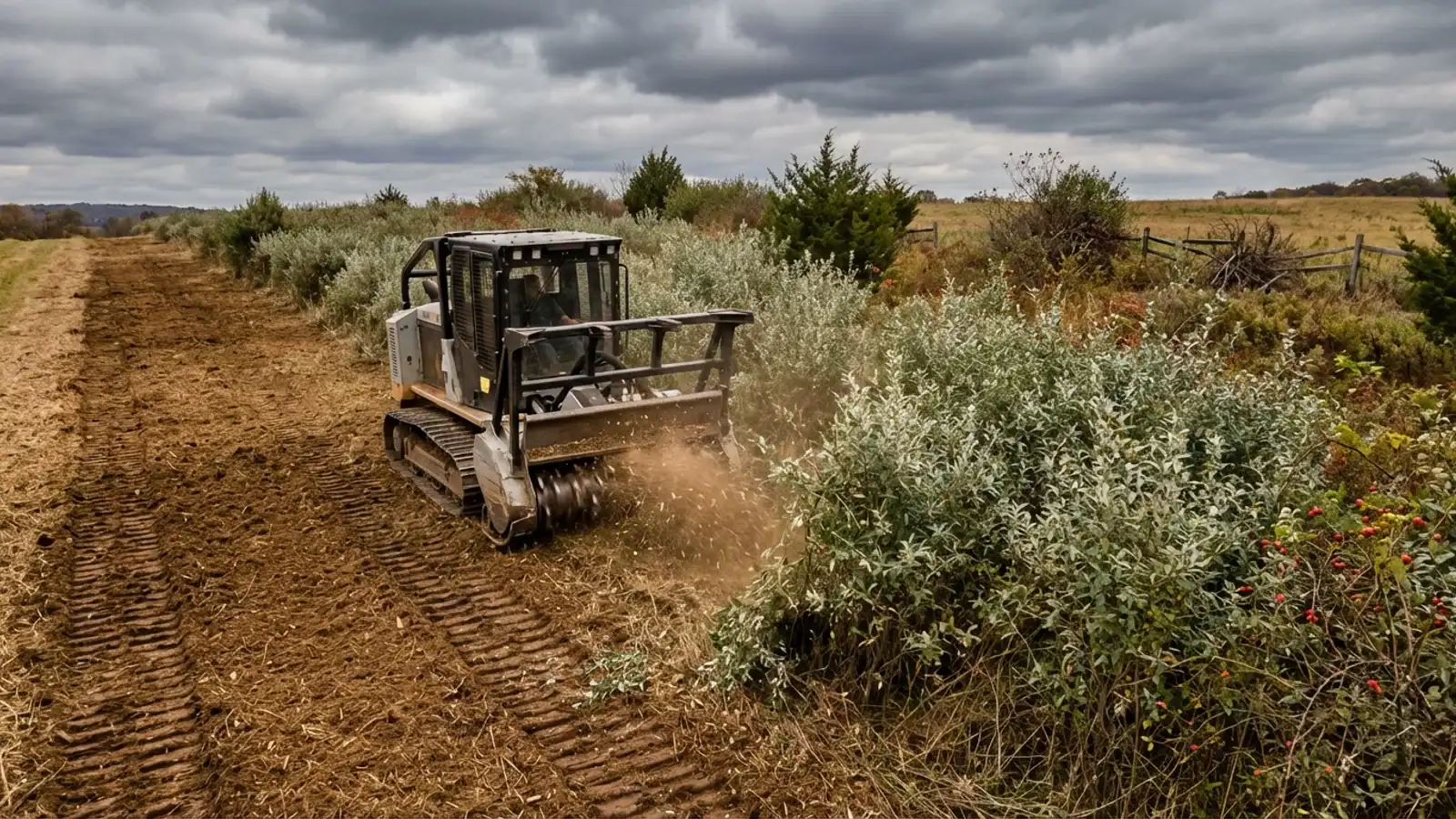 Full-size tracked forestry mulcher clearing autumn olive shrubs on a fallow agricultural field in Delaware Township, Hunterdon County with mulched ground behind the machine