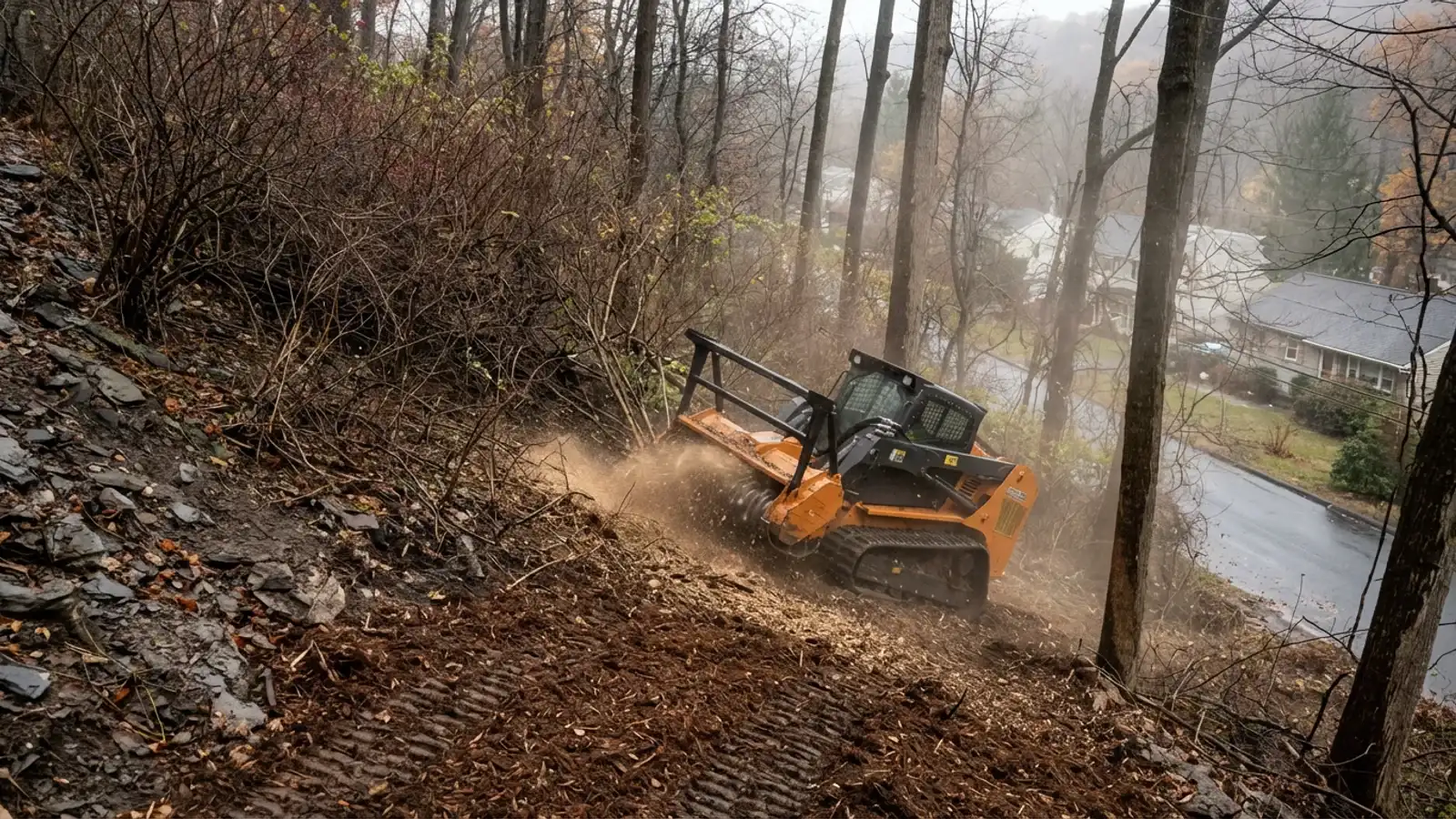 Compact tracked forestry mulcher working sideways across a steep wooded hillside in High Bridge, New Jersey grinding multiflora rose and saplings with mulch spraying from the cutting head