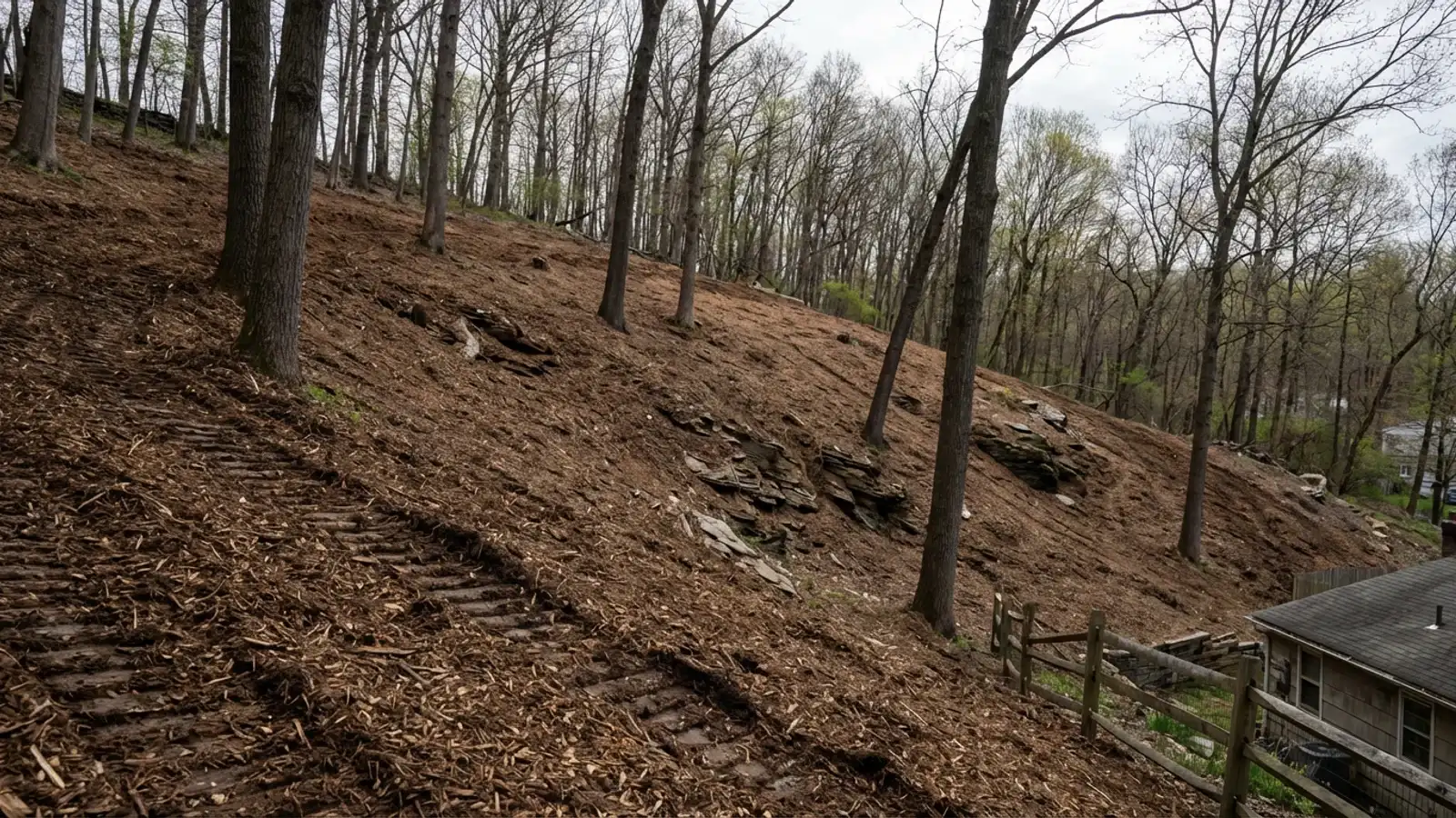 Steep residential hillside in High Bridge, Hunterdon County cleared of brush with fresh mulch layer covering the slope between standing mature hardwood trees and exposed shale rock ledges