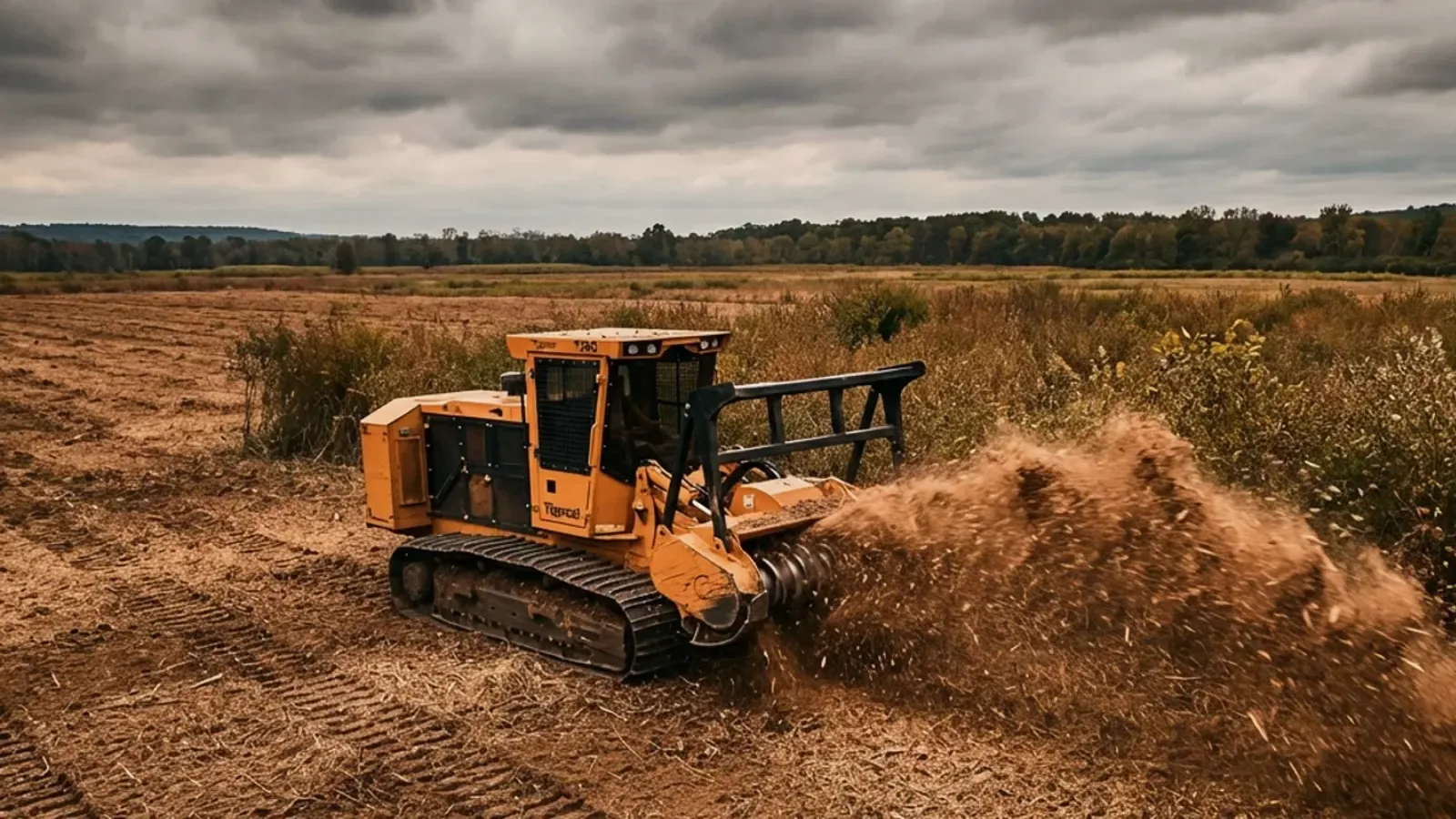 Full-size tracked forestry mulcher clearing tree of heaven and dense brush on a flat commercial lot in Mount Olive near the I-80 corridor