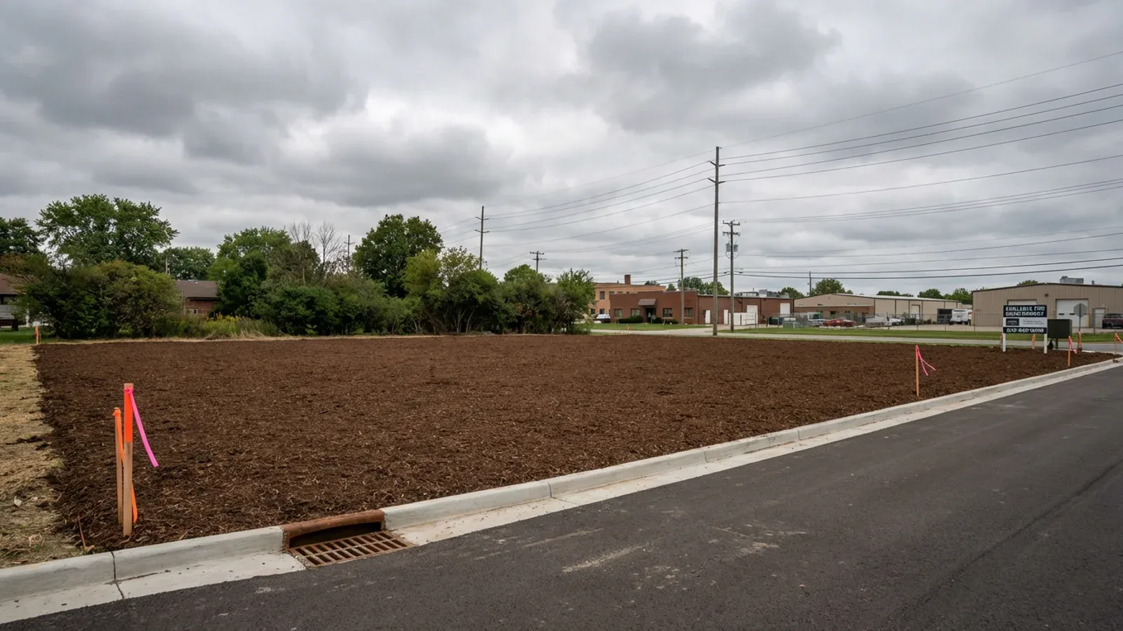 Cleared commercial lot near the I-80 corridor in Mount Olive, Morris County with fresh brown mulch and survey stakes marking the property corners