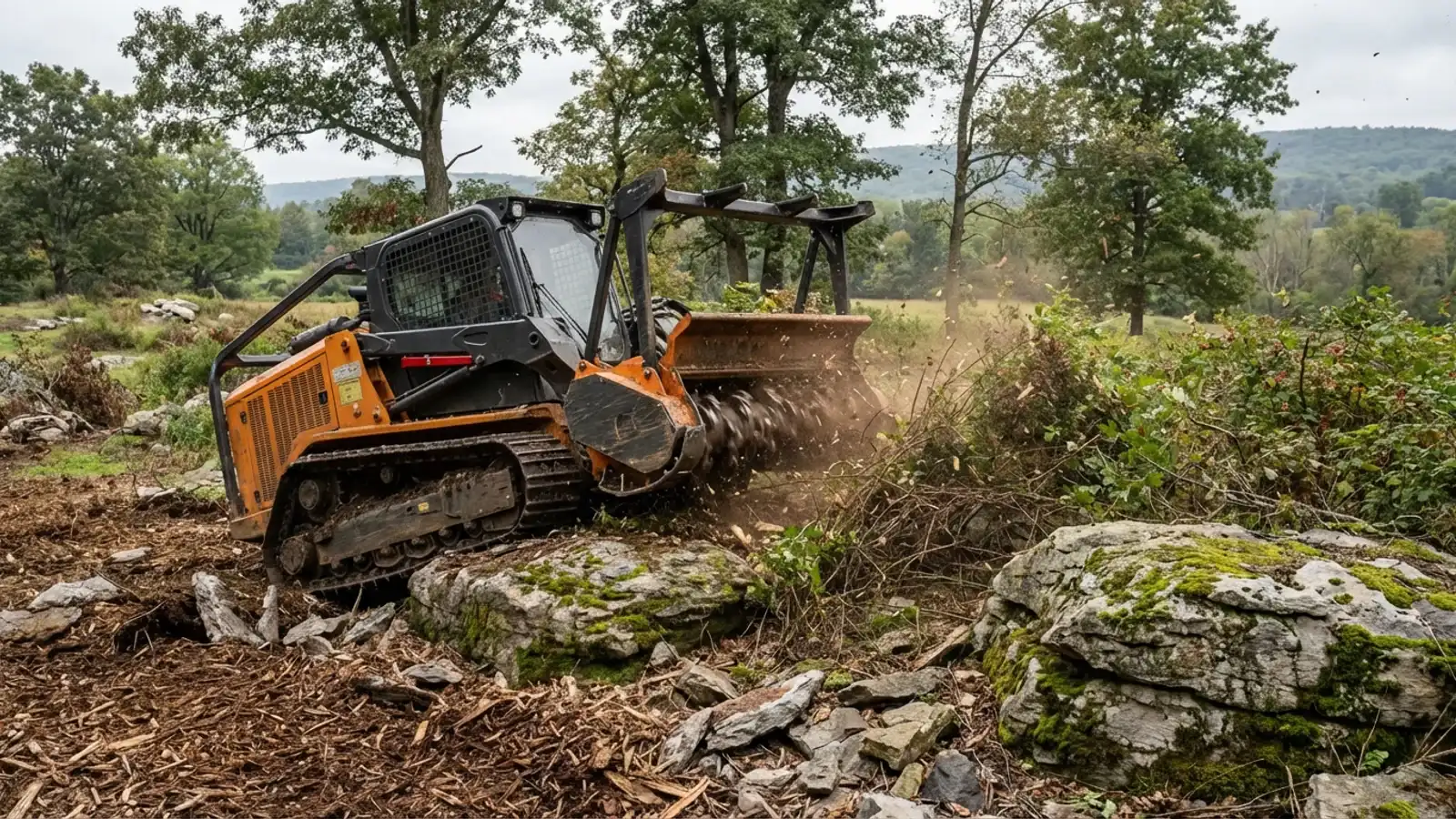Tracked forestry mulcher navigating around exposed limestone boulders and rock outcrops on a rural Oxford Township property in Warren County