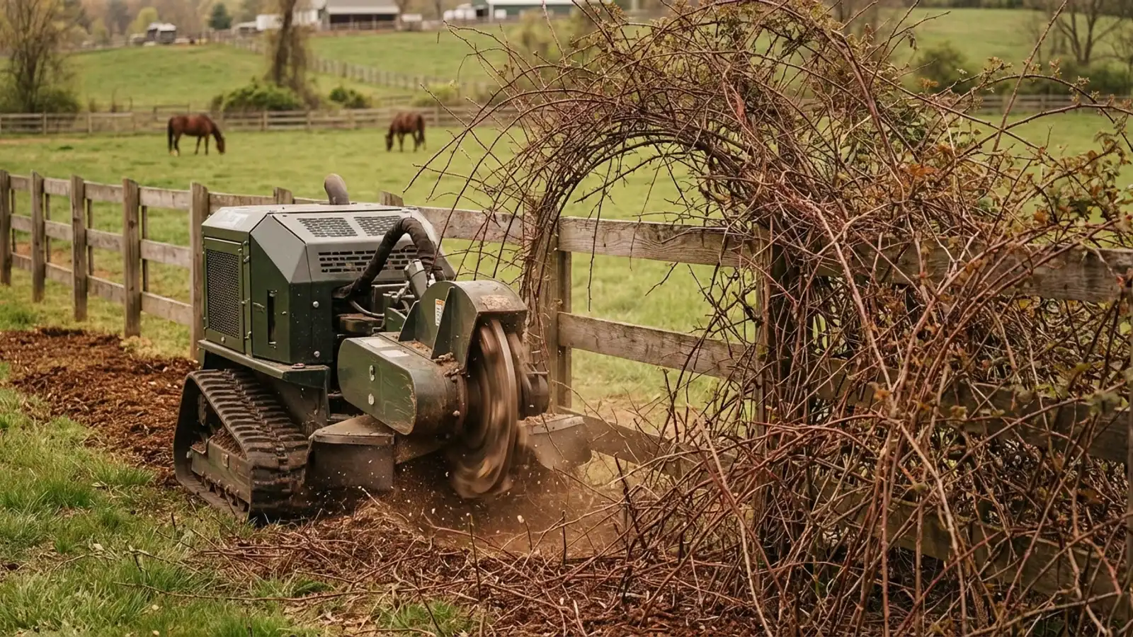 Tracked forestry mulcher carefully clearing multiflora rose along a post-and-rail fence line on a Peapack-Gladstone horse farm with green pasture visible through the cleared section