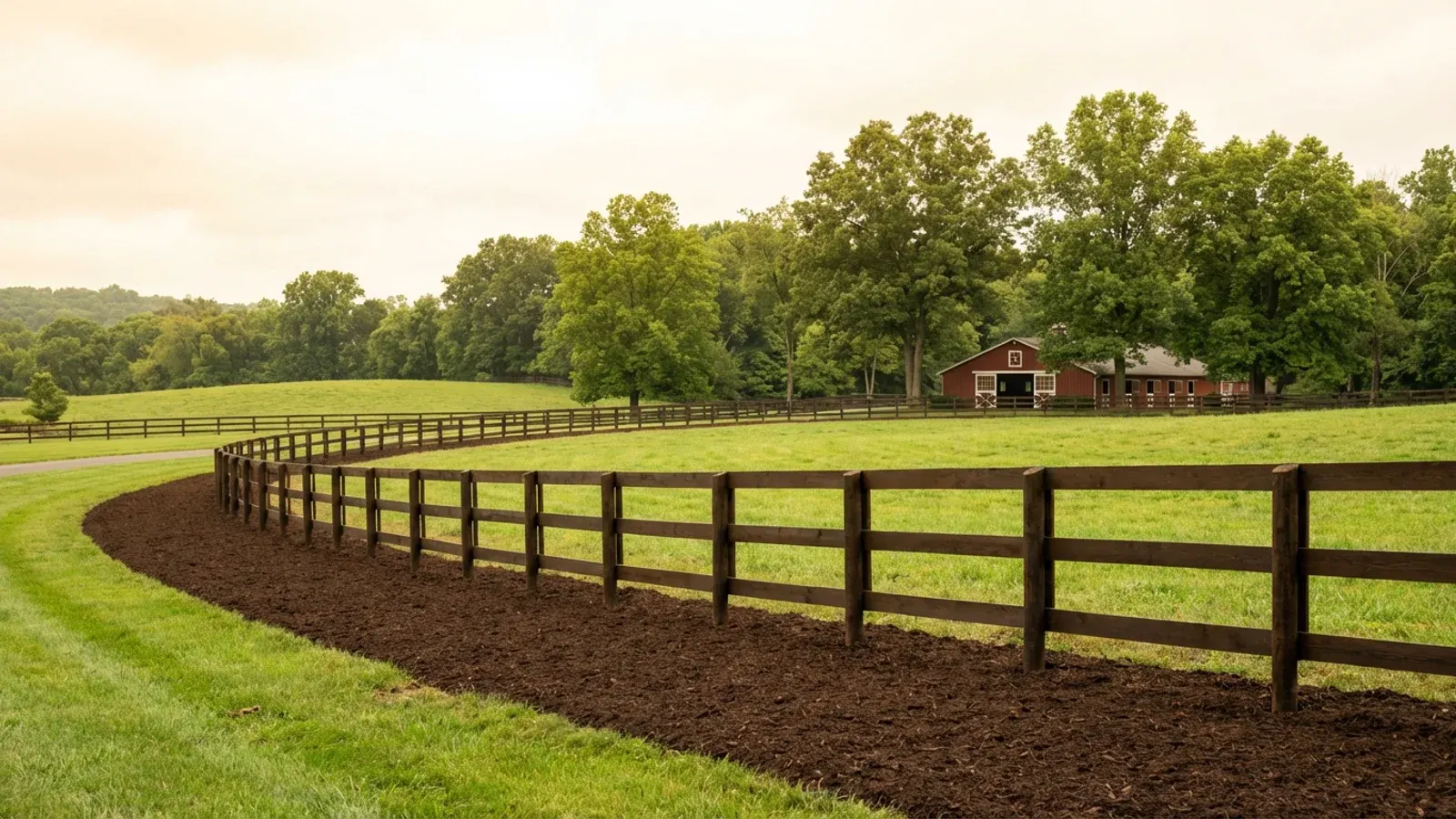 Freshly cleared fence line on an estate horse property in Peapack-Gladstone, Somerset County with pristine post-and-rail fencing and green pasture beyond