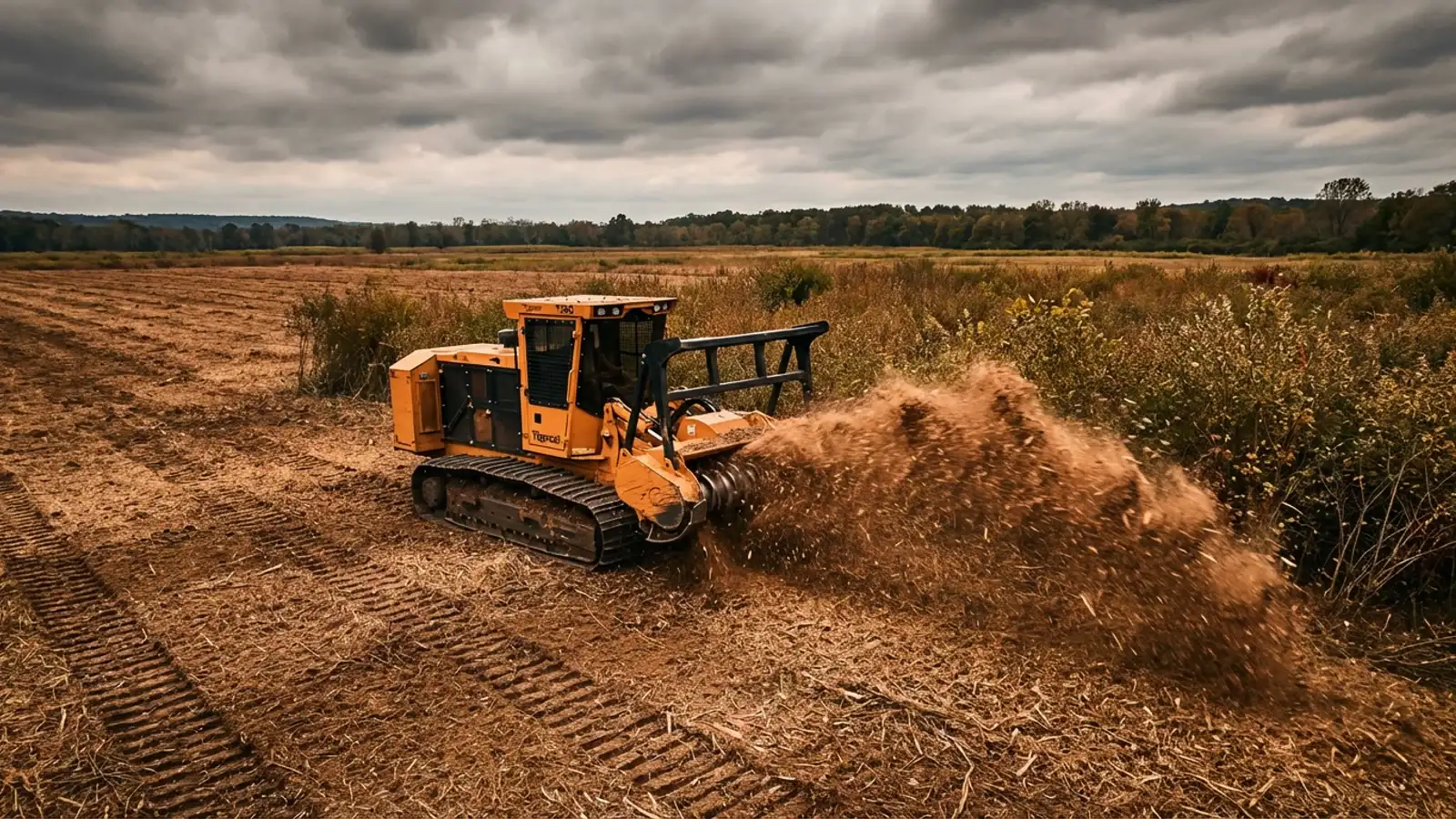 Full-size forestry mulcher at production speed clearing a flat fallow field in the Delaware River valley of Pohatcong Township with acres of clean mulch behind the machine