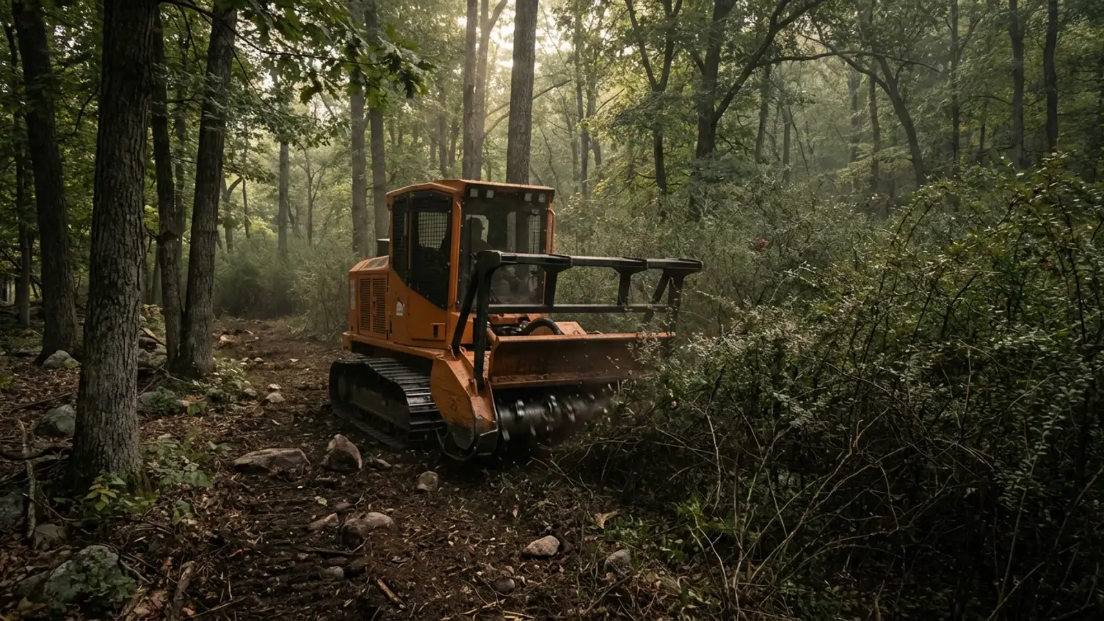 Tracked forestry mulcher clearing dense Japanese barberry understory in a Highlands forest near Roxbury with clean mulched floor behind the machine and impenetrable brush ahead