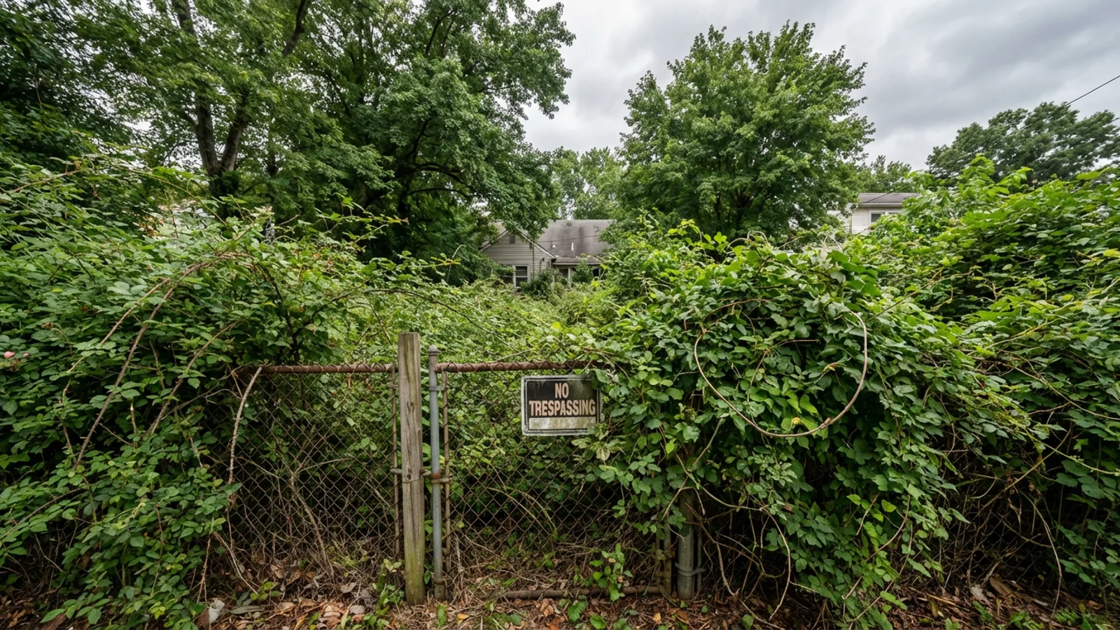 Before brush clearing on an overgrown New Jersey backyard
